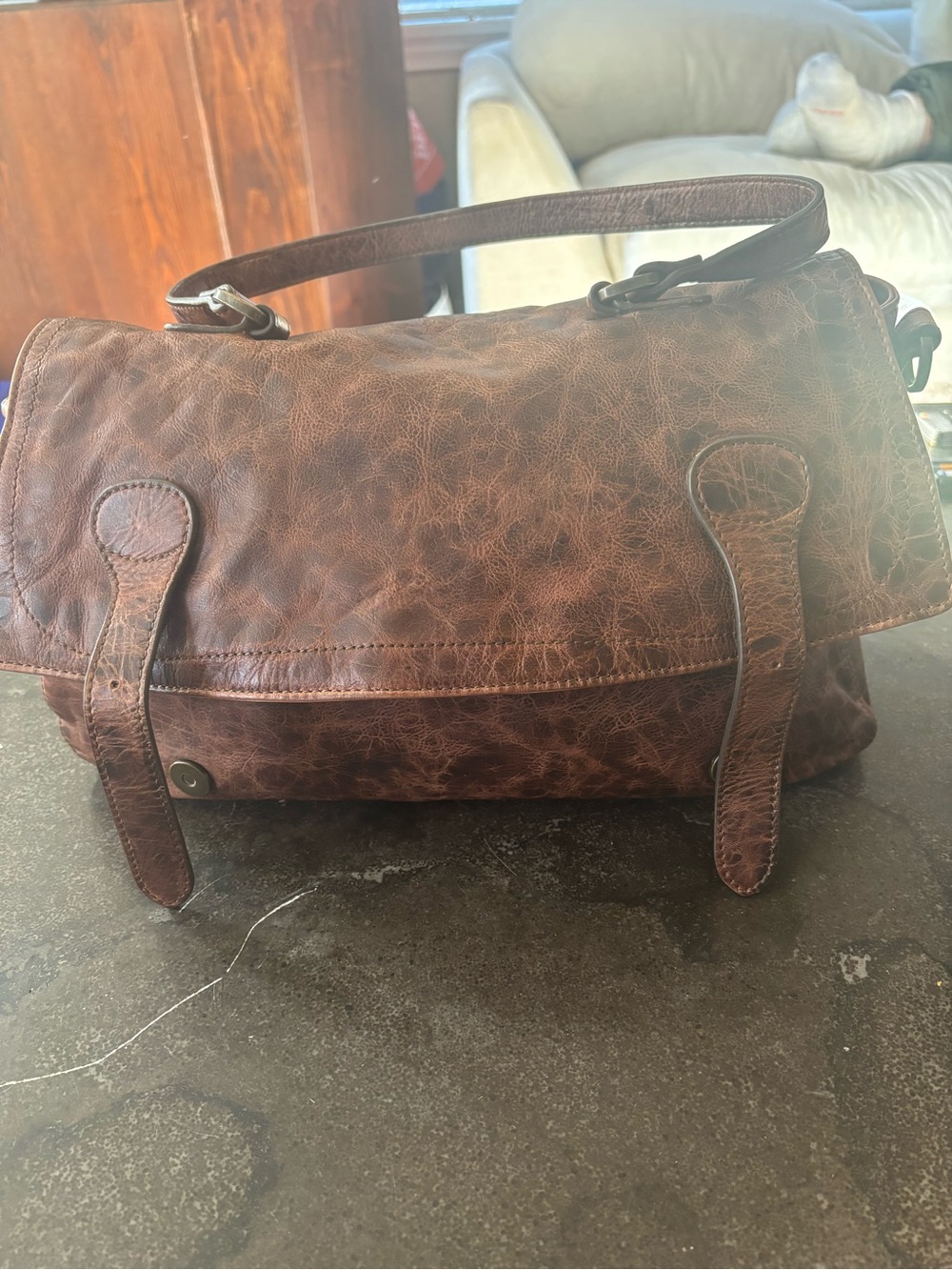 Distressed Brown Leather Shoulder Bag with Top Handle